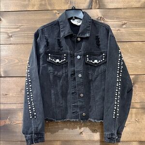 Savanna Jane Charcoal Denim Jacket with Pearl and Rhinestone Accents
